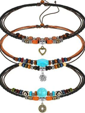 3 Layered Wood Beads Choker Necklace Adjustable Vintage Leather Set Boho Western